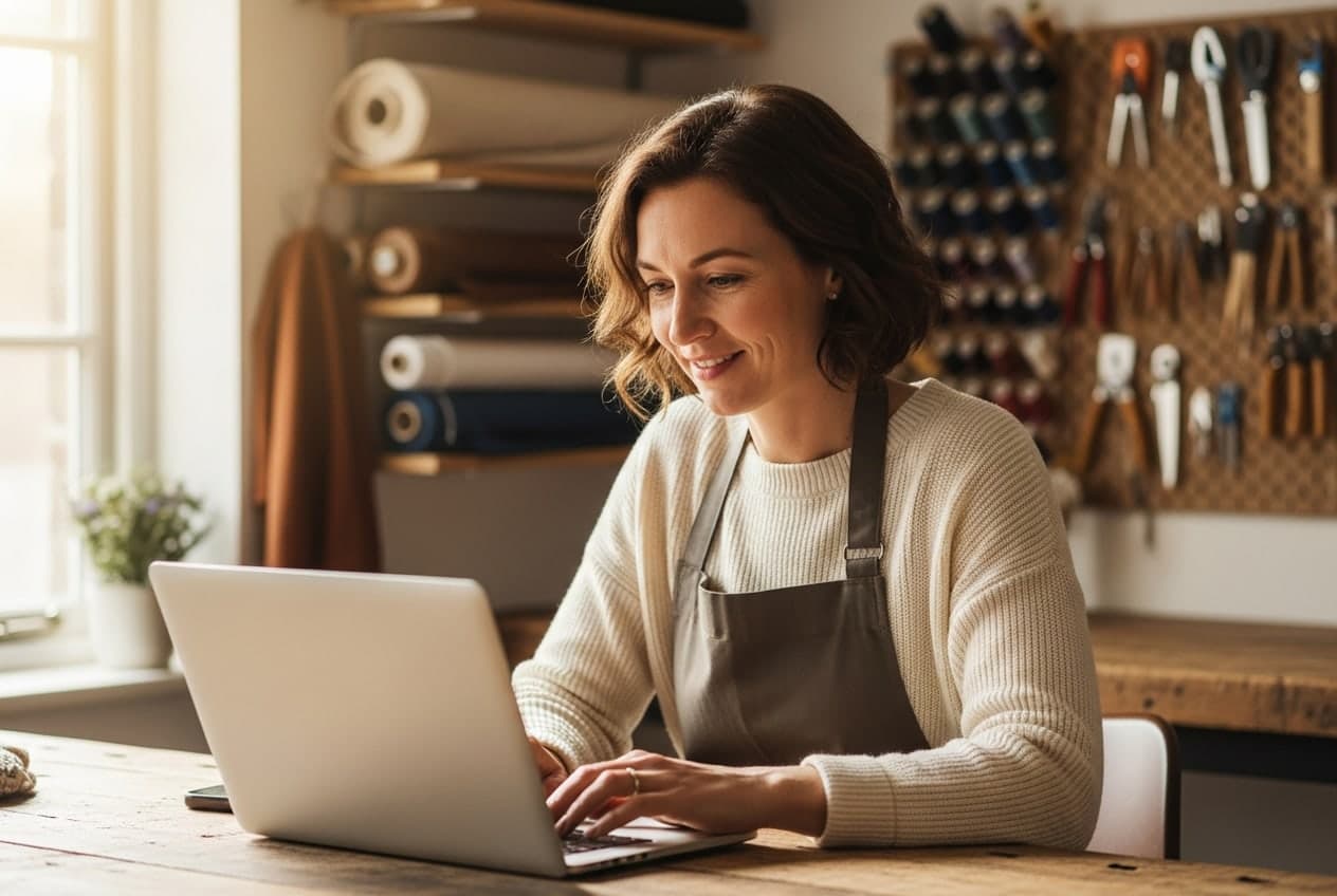 Mei, a studio owner, checking her business account on a laptop at her workbench