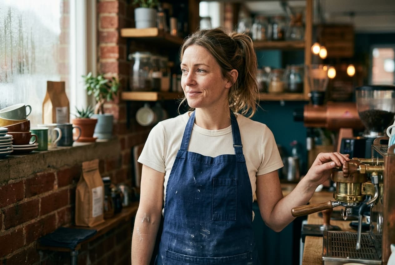 Hannah, an independent café owner in Manchester, by her espresso machine