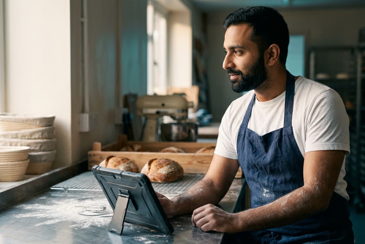 Raj, an artisan bakery owner, reviewing finance on a tablet at his counter