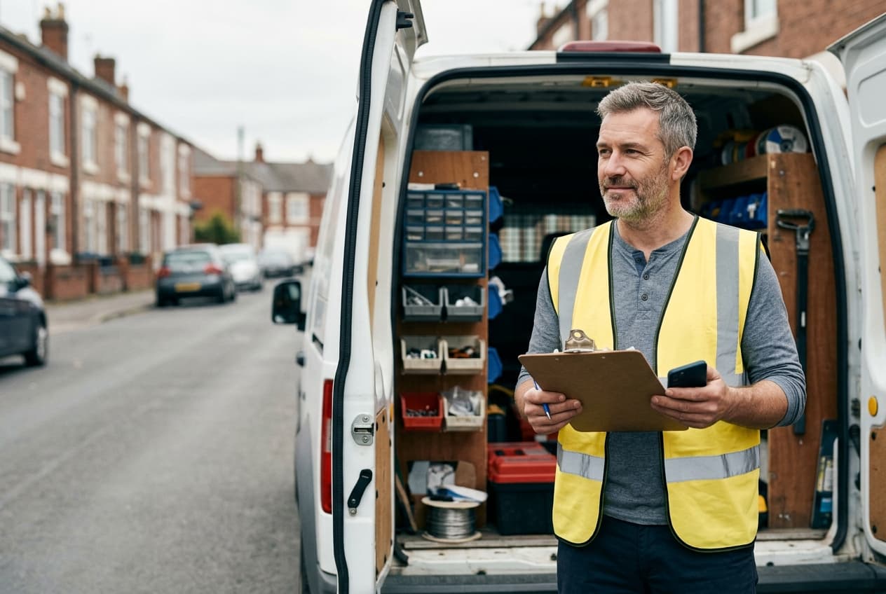 Dave, an electrician in Leeds, at the back of his branded van