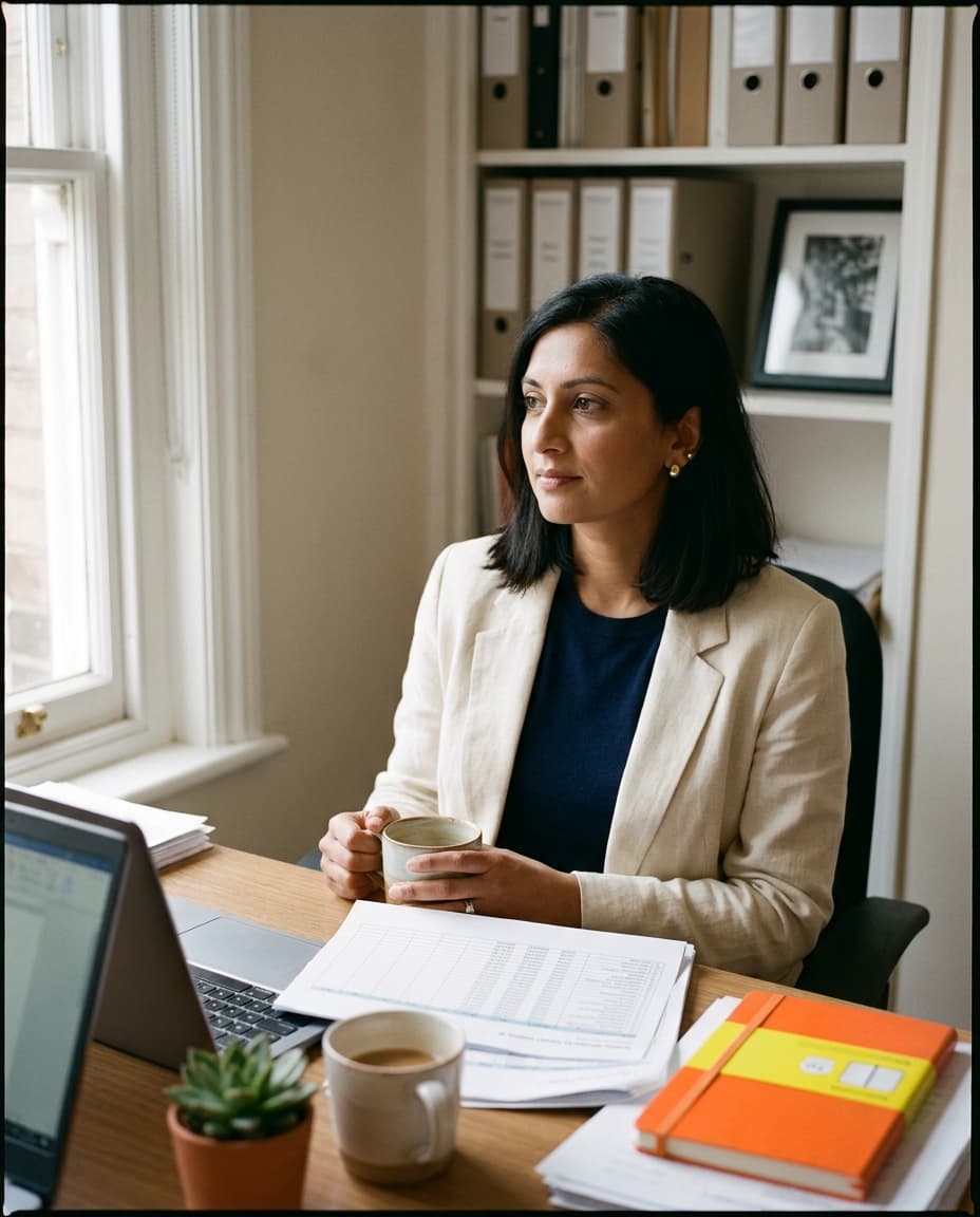 Priya at her desk reviewing business banking on a laptop.