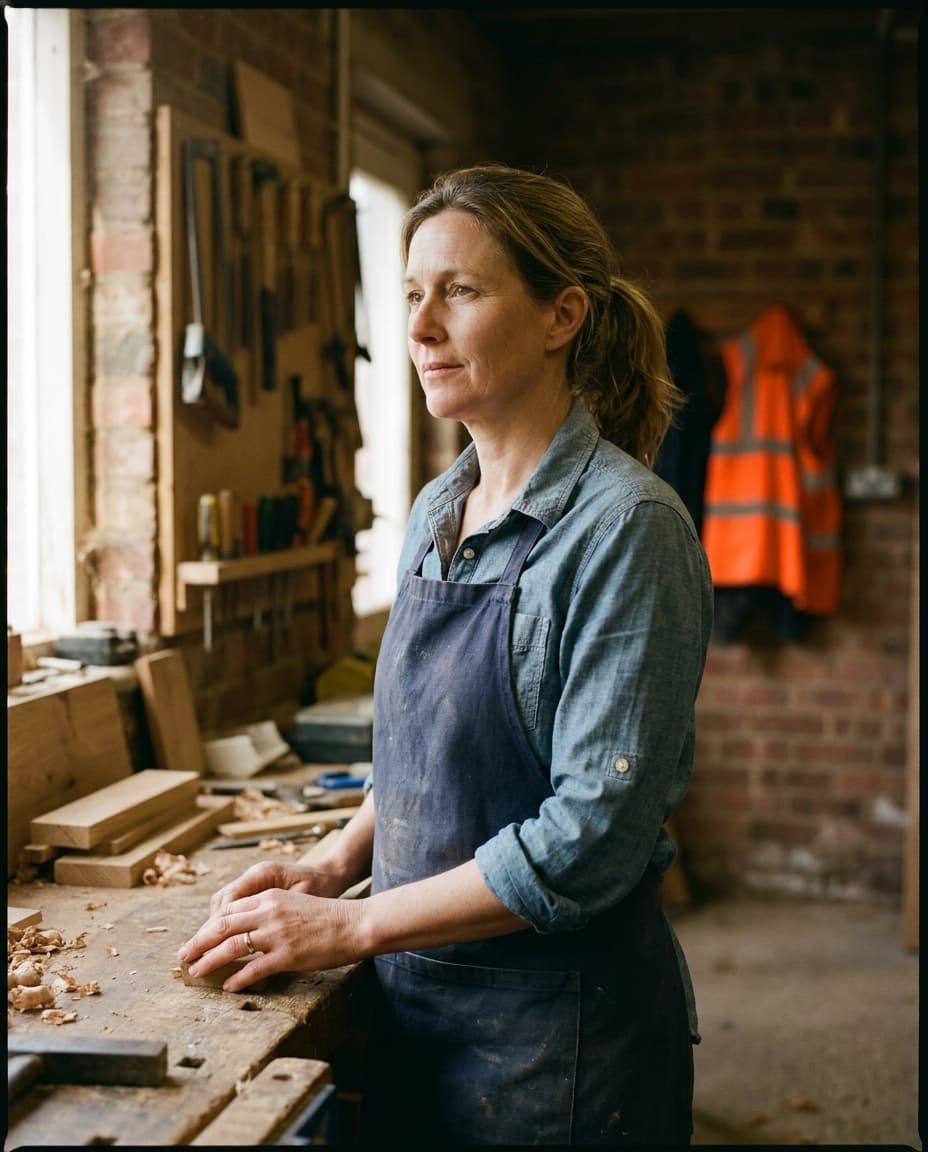A joiner standing at her workbench in a small brick workshop, timber offcuts and hand tools around her.