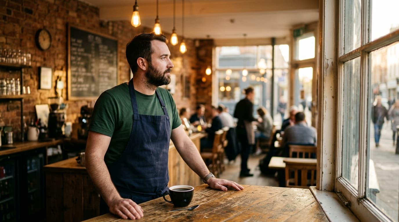 Tom outside his café — UK independent café owner.